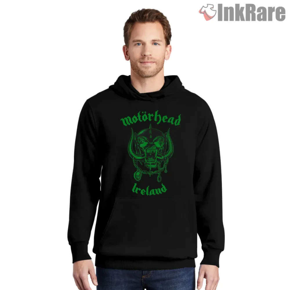 Motorhead Ireland Shirt with vivid green logo on black hoodie