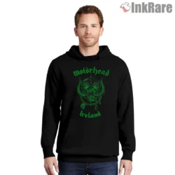 Motorhead Ireland Shirt with vivid green logo on black hoodie