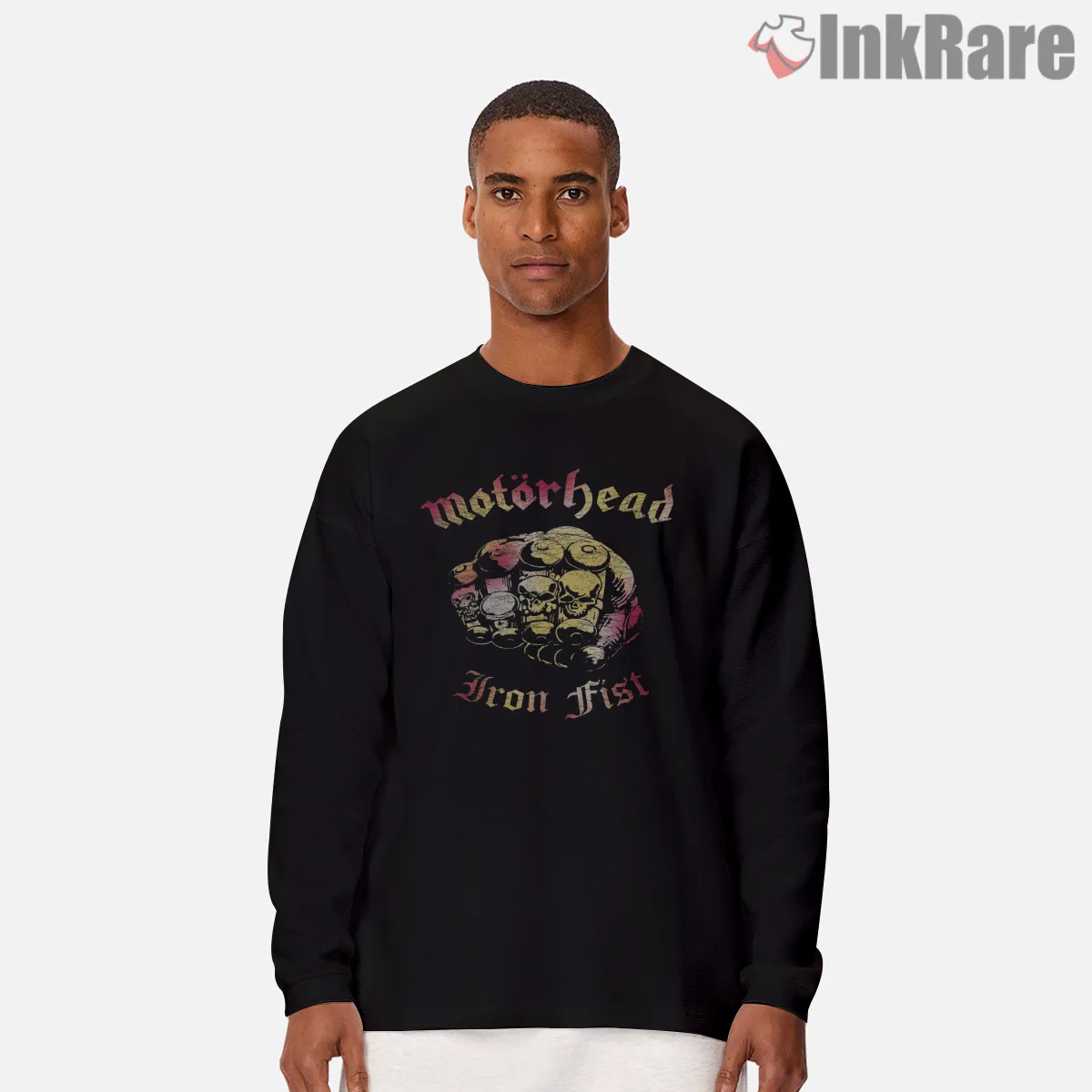 Motorhead Iron Fist Vintage Punching Gauntlet Shirt on black long sleeve shirt for men graphic tee