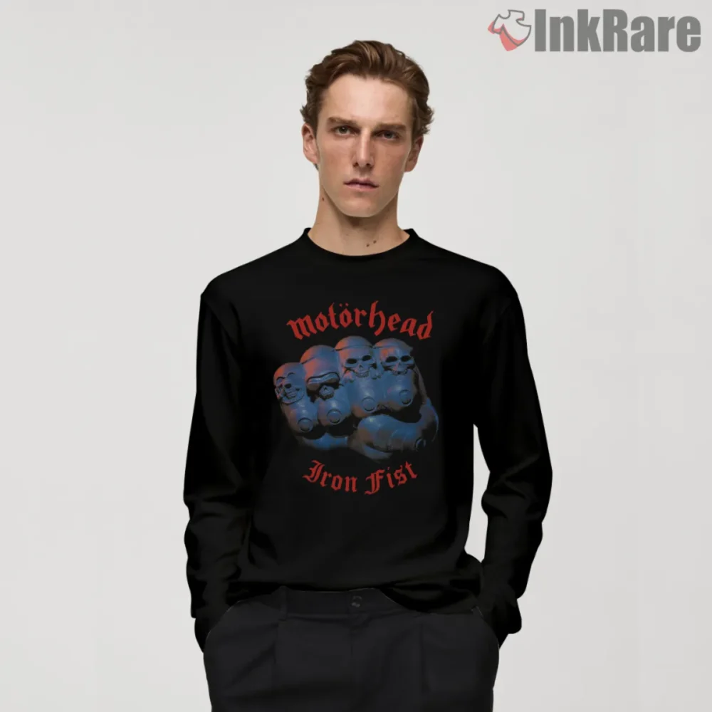 Motorhead Iron Fist Vintage Shirt with blue iron gauntlet and red gothic lettering