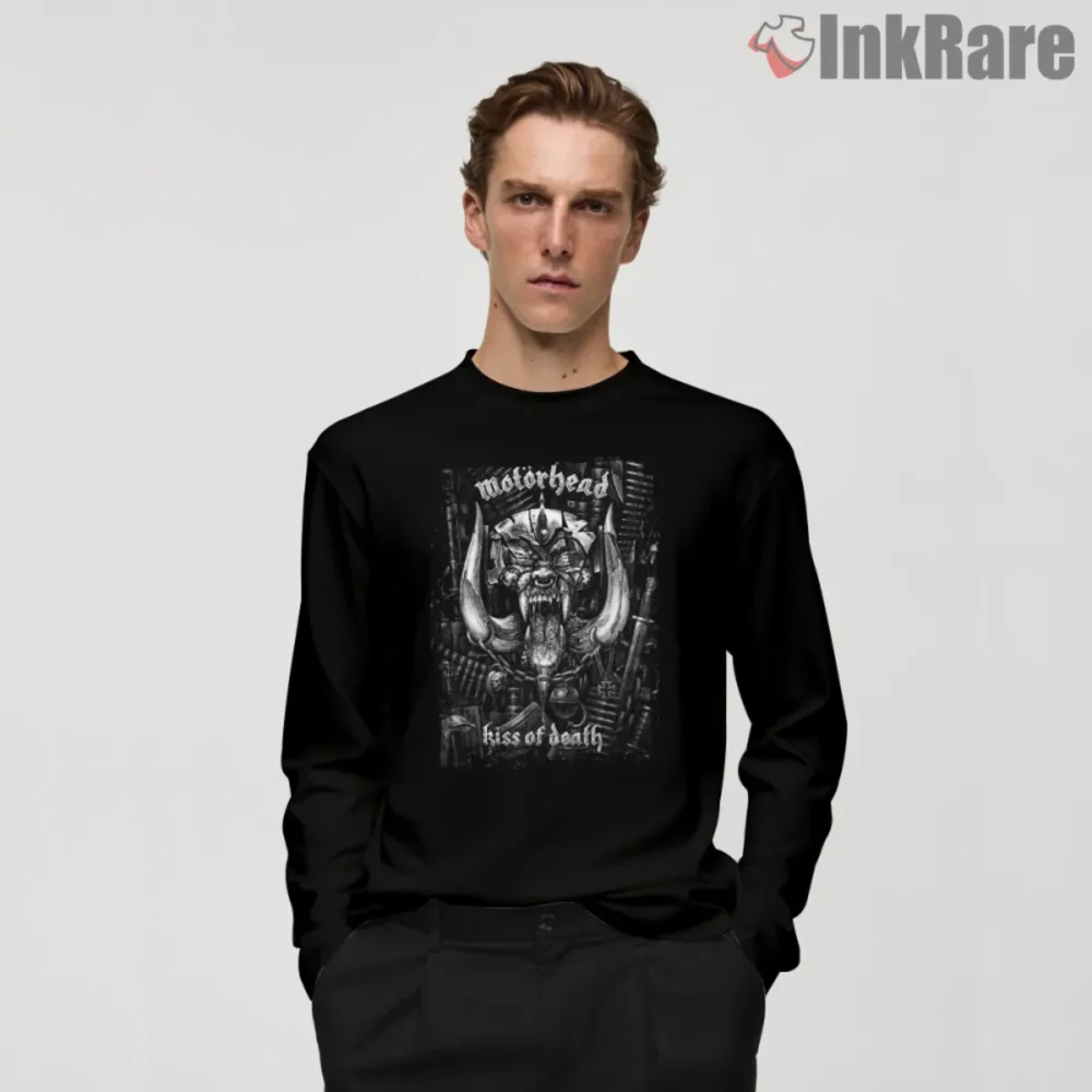 Motorhead Kiss Of Death Vintage Shirt with monochrome Warpig artwork on black tee