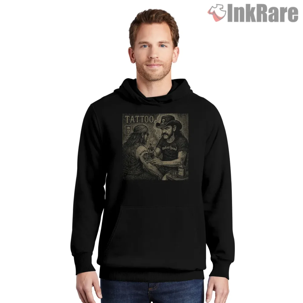 Motorhead Lemmy Ink And Whiskey Tattoo Shop Shirt on black hoodie for men graphic tee