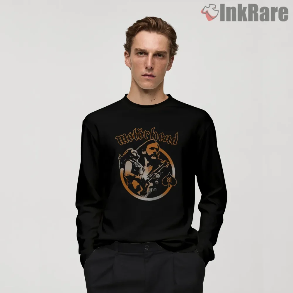 Motorhead Lemmy Nineteen Eighty One Tour Circle Shirt on black long sleeve shirt for men graphic tee