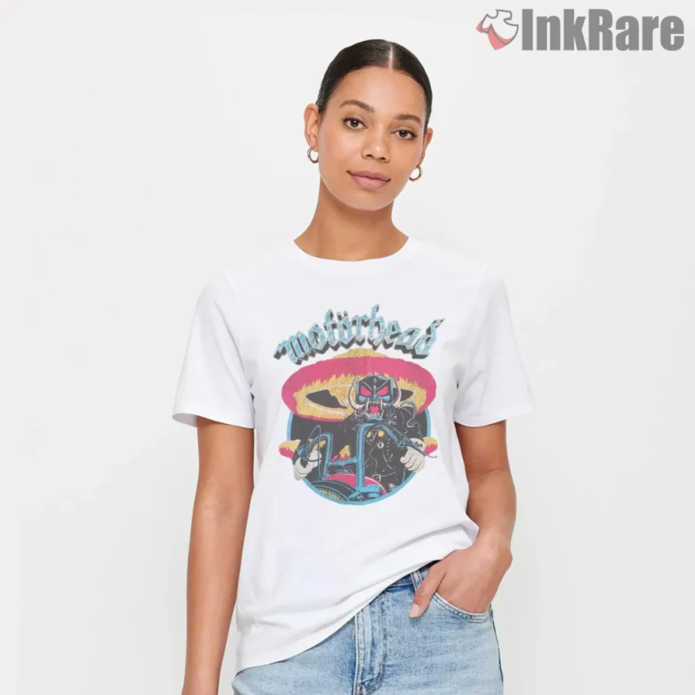 Motorhead Lemmy On Bike Shirt white short sleeve with rider graphic