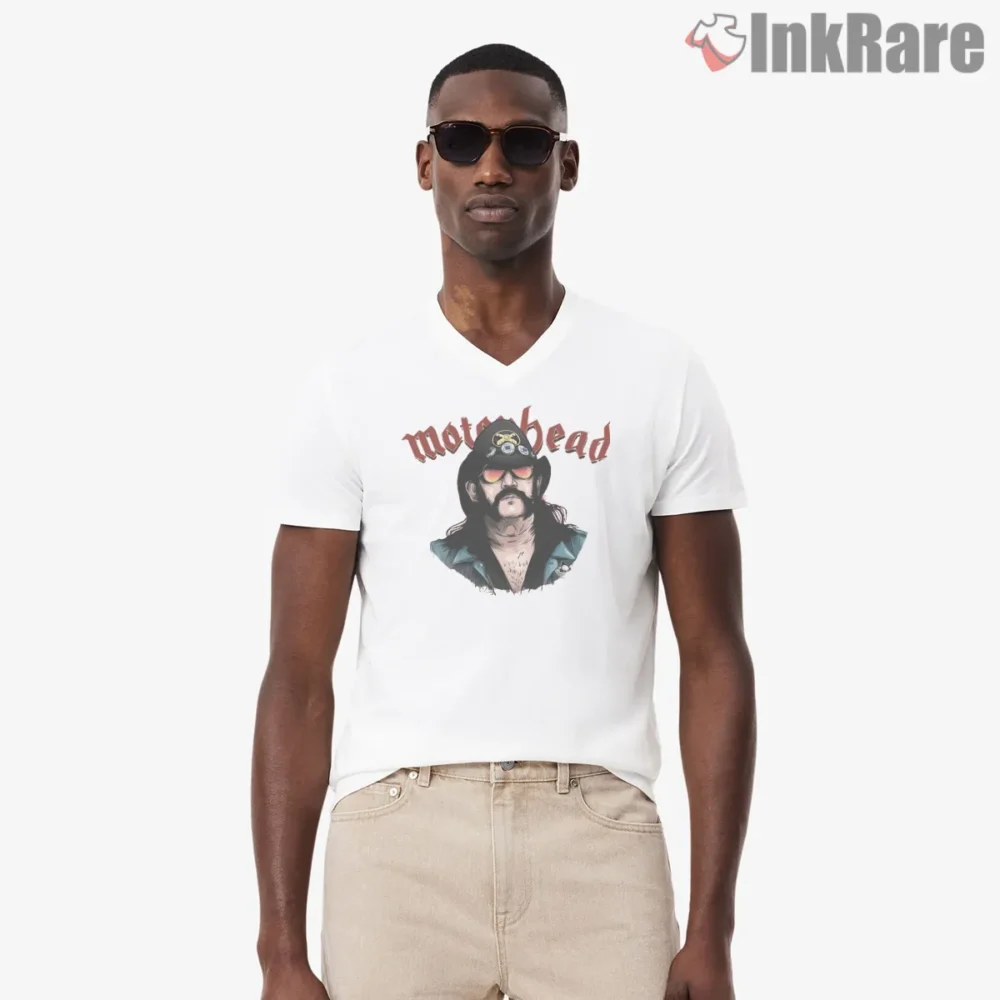 Motorhead Lemmy Sunglasses Retro Portrait Shirt on white v-neck shirt for men graphic tee