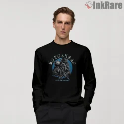 Motorhead Live In Concert Blue Skeleton Duo Shirt on black long sleeve shirt for men graphic tee
