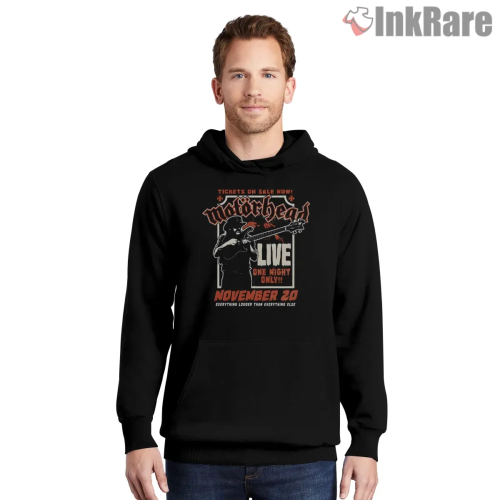 Motorhead Live One Night Only Retro Ticket Poster Shirt on black hoodie for men graphic tee