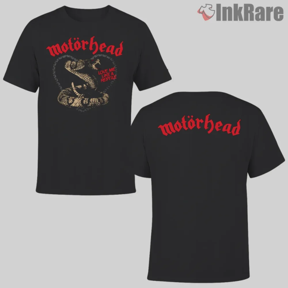 Motorhead Love Me Like A Reptile Double Sided Shirt with snake heart front and red logo back