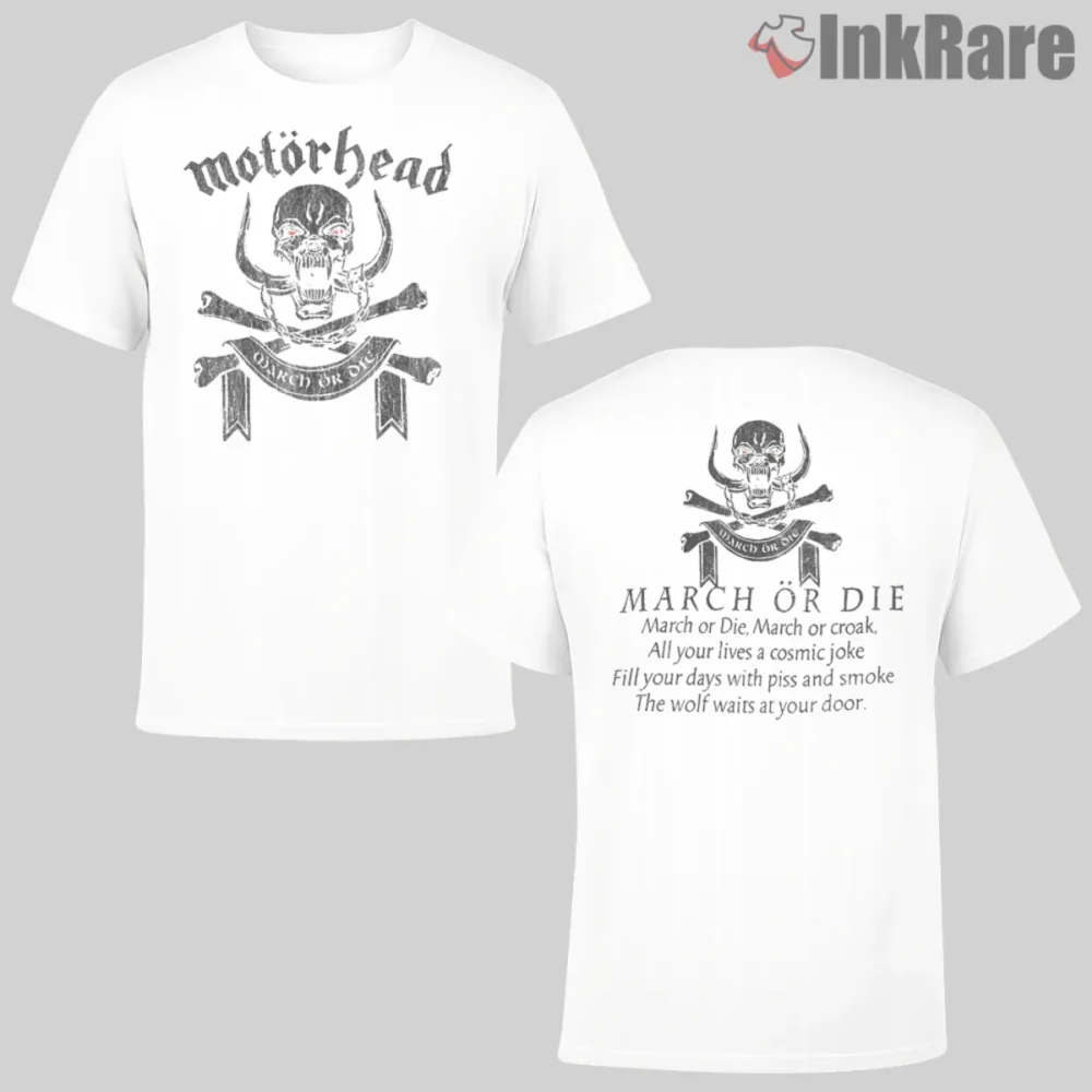 Front and back view of Motorhead March Or Die Double Sided Shirt in white with Warpig crest and banner