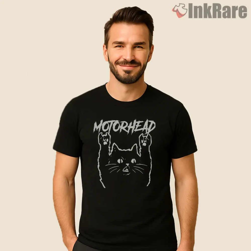 Motorhead Metal Cat Throwing Horns Illustration Shirt on black short sleeve shirt for men graphic tee