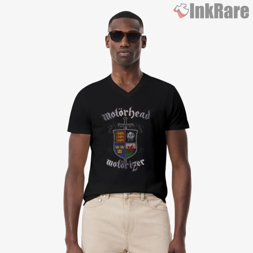 Front view of Motorhead Motorizer Vintage Shirt in black V neck with crest artwork