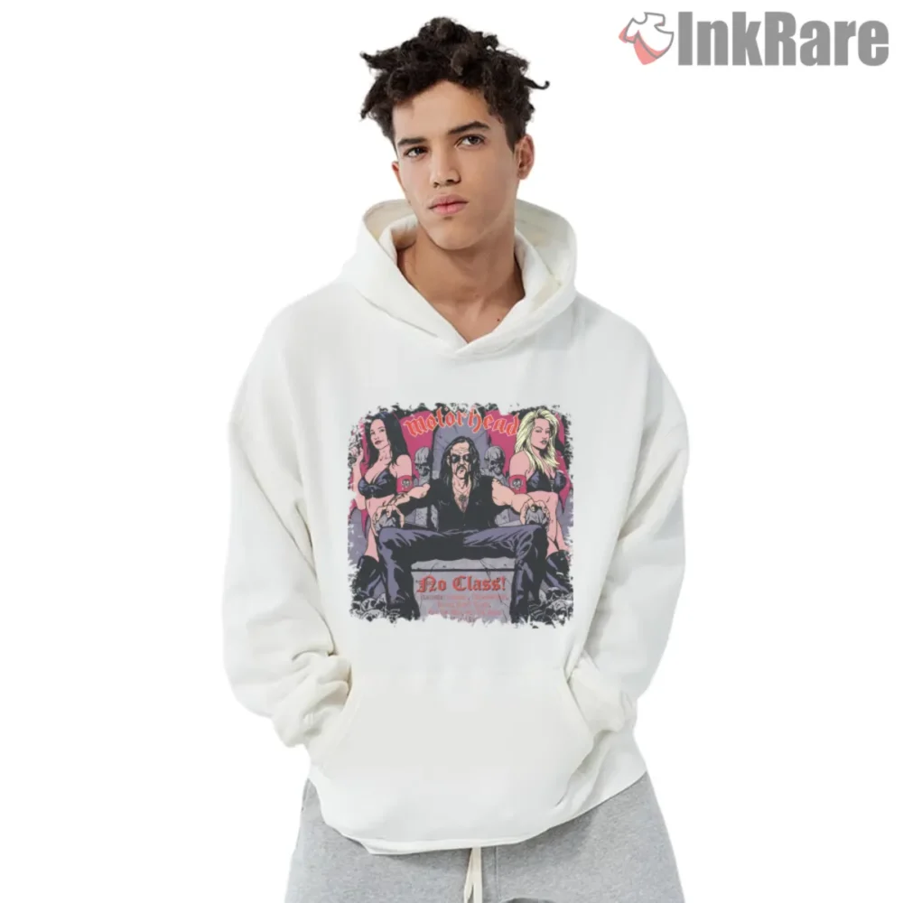 Motorhead No Class Song Shirt with bold cartoon scene on white hoodie