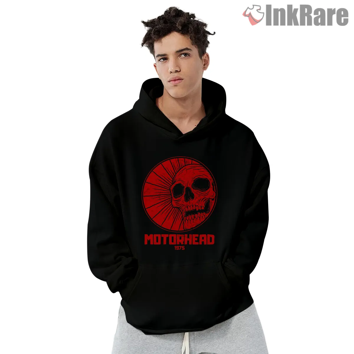 Motorhead Red Sun Skull Seventy Five Tribute Shirt on black hoodie for men graphic tee
