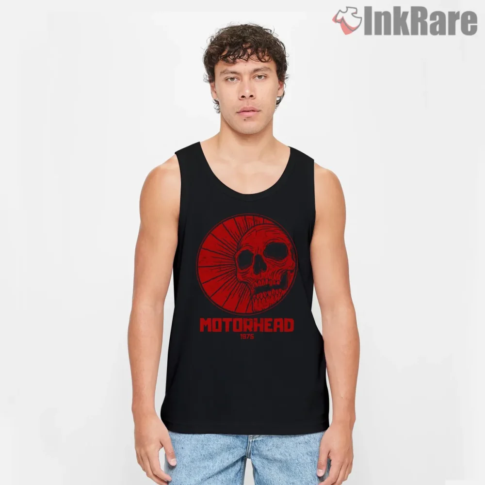 Motorhead Red Sun Skull Seventy Five Tribute Shirt on black tank top for men graphic tee