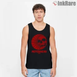 Motorhead Red Sun Skull Seventy Five Tribute Shirt on black tank top for men graphic tee