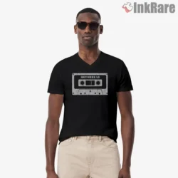 Motorhead Retro Cassette Tape White Distressed Shirt on black v-neck shirt for men graphic tee