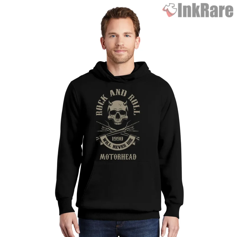 Motorhead Rock And Roll Will Never Die Skull Crest Shirt on black hoodie for men graphic tee
