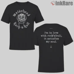 Motorhead Rock N Roll Retro Double Sided Shirt featuring classic Warpig and curved Rock n Roll text on black tee