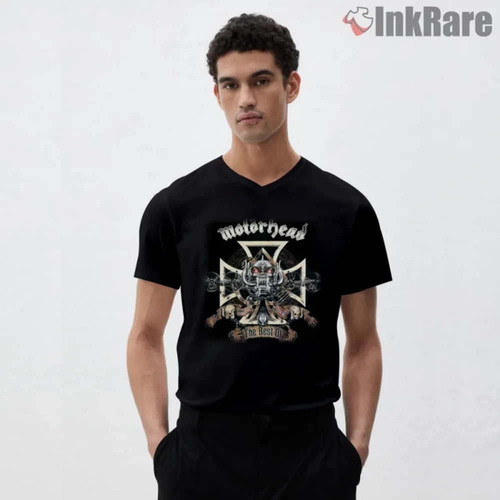 Black V neck Motorhead The Game shirt with war pig emblem over iron cross graphic