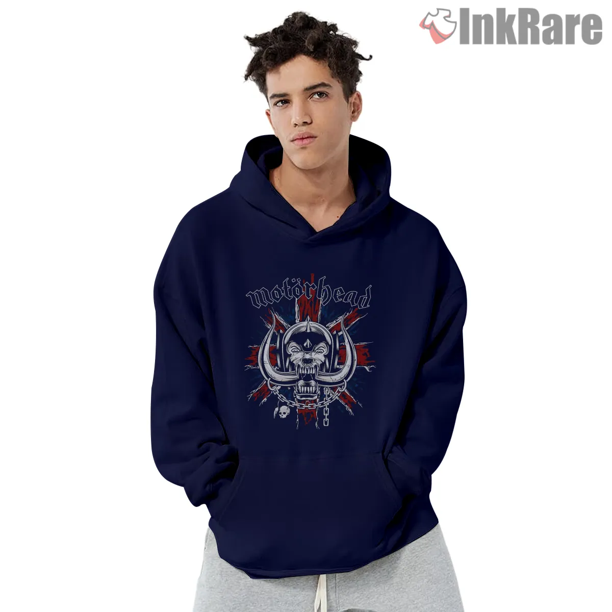 Motorhead Warpig Blood Splash Battle Emblem Shirt on navy hoodie for men graphic tee