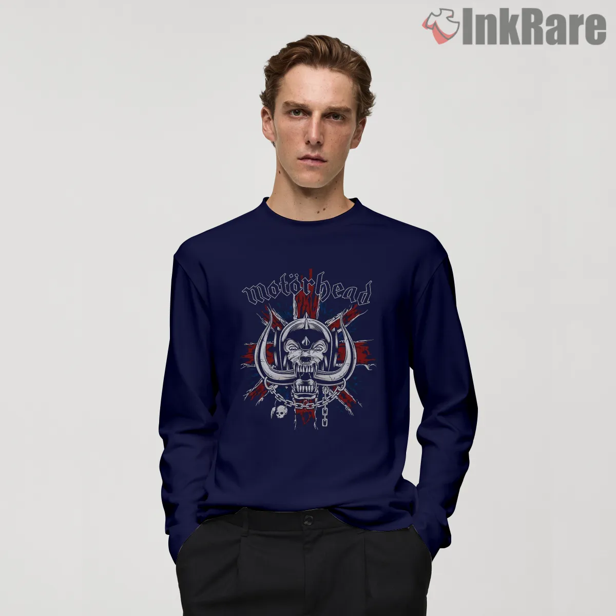 Motorhead Warpig Blood Splash Battle Emblem Long Sleeve Navy Motorhead Warpig Blood Splash Battle Emblem Shirt on navy long sleeve shirt for men graphic tee