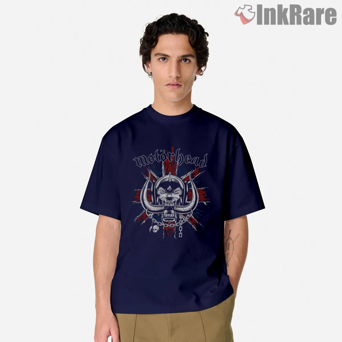 Motorhead Warpig Blood Splash Battle Emblem Short Sleeve Navy Motorhead Warpig Blood Splash Battle Emblem Shirt on navy short sleeve shirt for men graphic tee