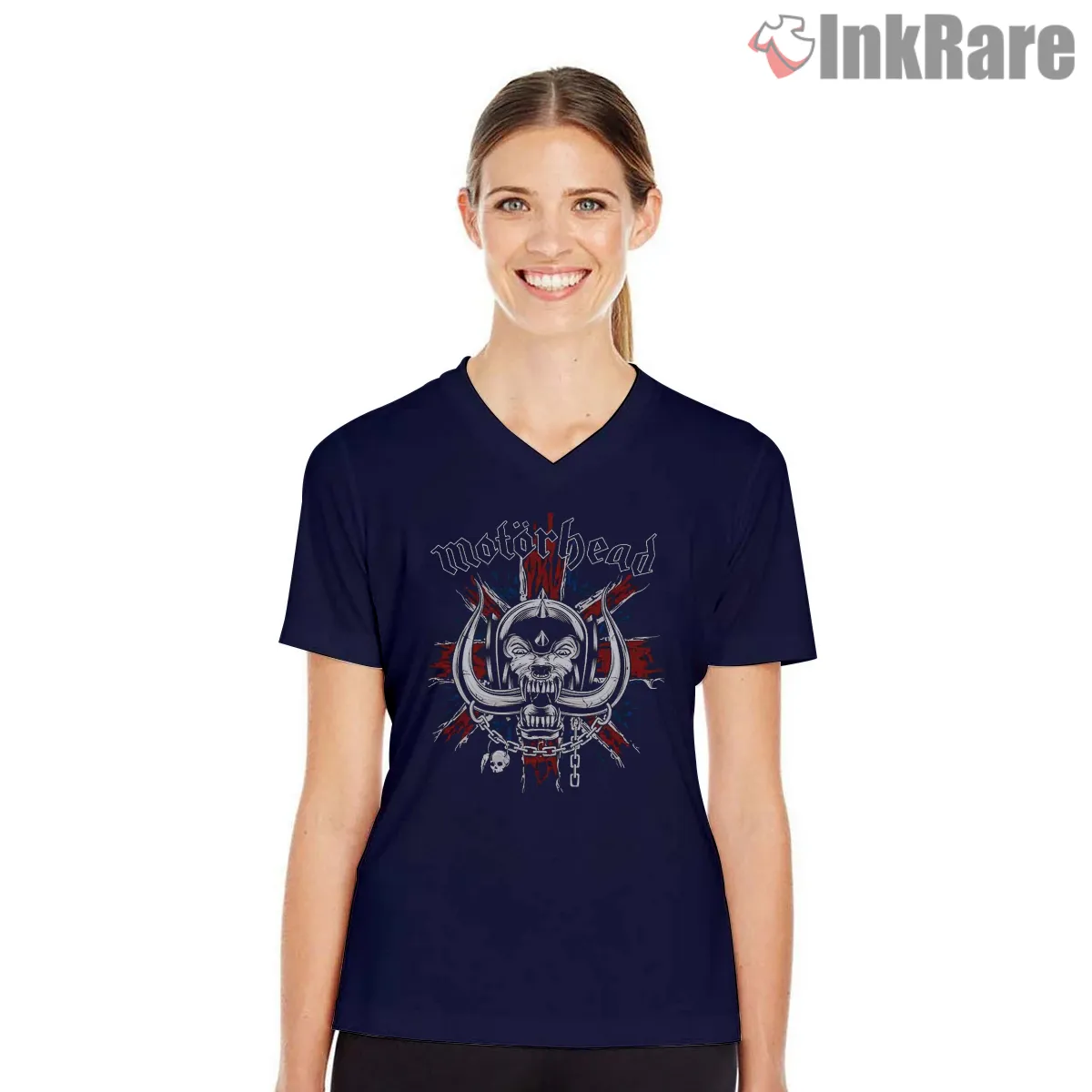 Motorhead Warpig Blood Splash Battle Emblem V Neck Navy Motorhead Warpig Blood Splash Battle Emblem Shirt on navy v-neck shirt for women graphic tee