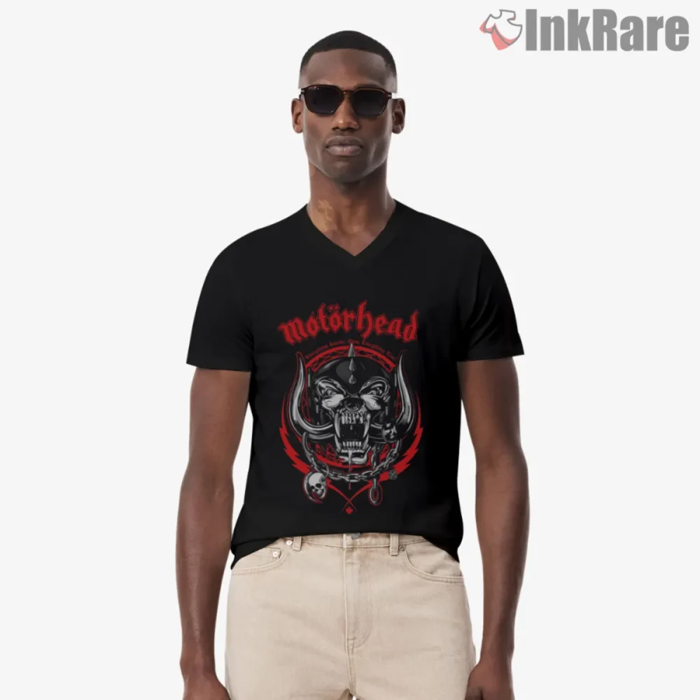 Black V neck Motorhead Warpig shirt with red and chrome fanged war pig crest
