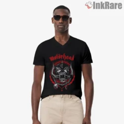 Black V neck Motorhead Warpig shirt with red and chrome fanged war pig crest