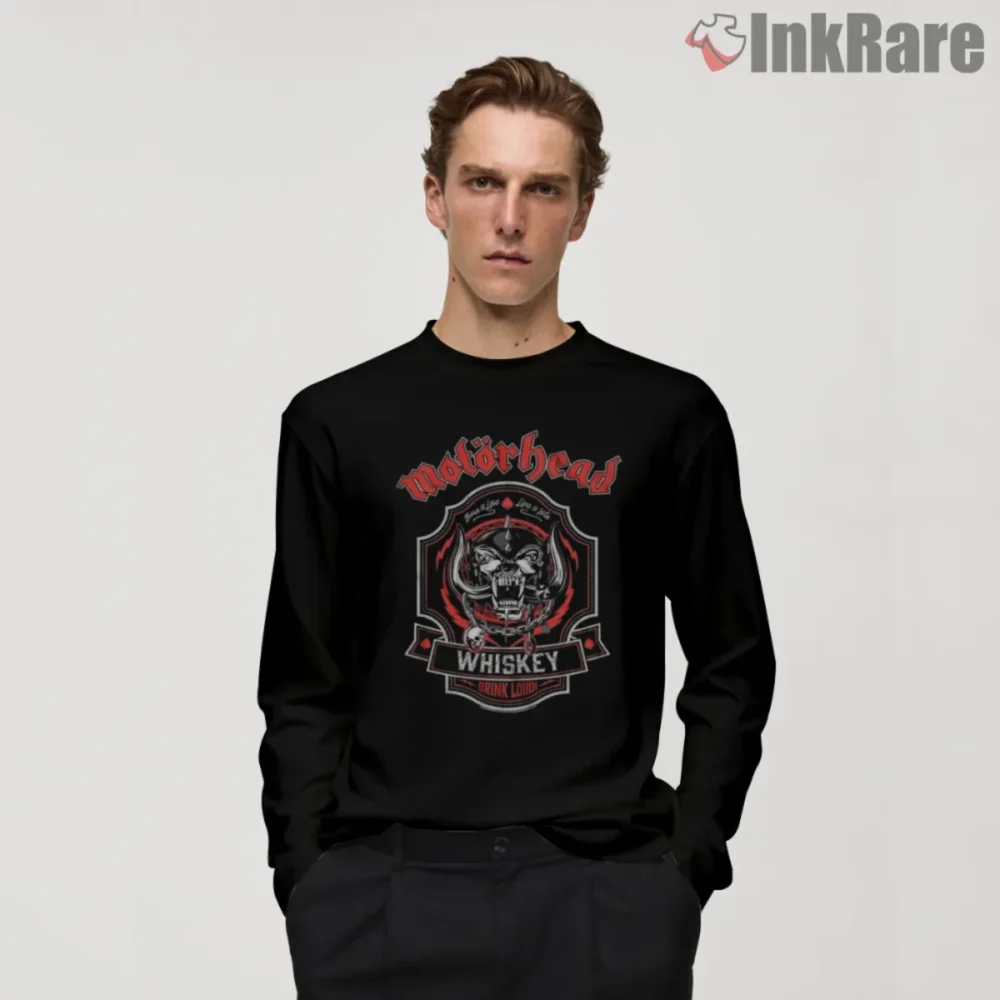 Motorhead Whiskey Shirt with red and silver Warpig crest styled like a whiskey label