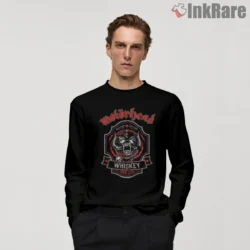 Motorhead Whiskey Shirt with red and silver Warpig crest styled like a whiskey label