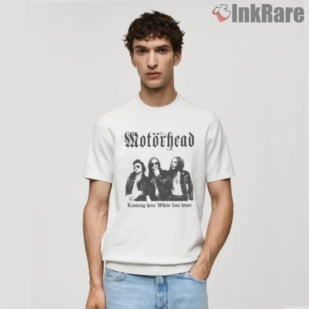 Motorhead White Line Fever Shirt with black and white band portrait on white tee