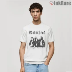 Motorhead White Line Fever Shirt with black and white band portrait on white tee