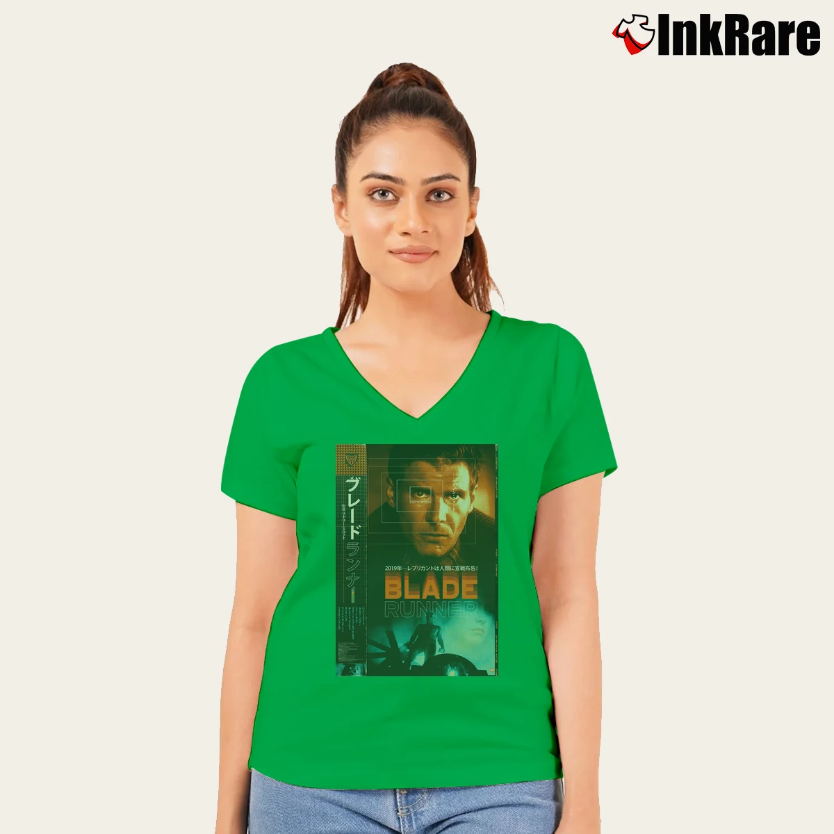 Movie Poster Japanese Blade Runner Women’s V-Neck Tee in irish green – Flattering Fit Women’s Movie Poster Japanese Blade Runner V-Neck Tee in irish green | Chic Neckline, Soft Texture