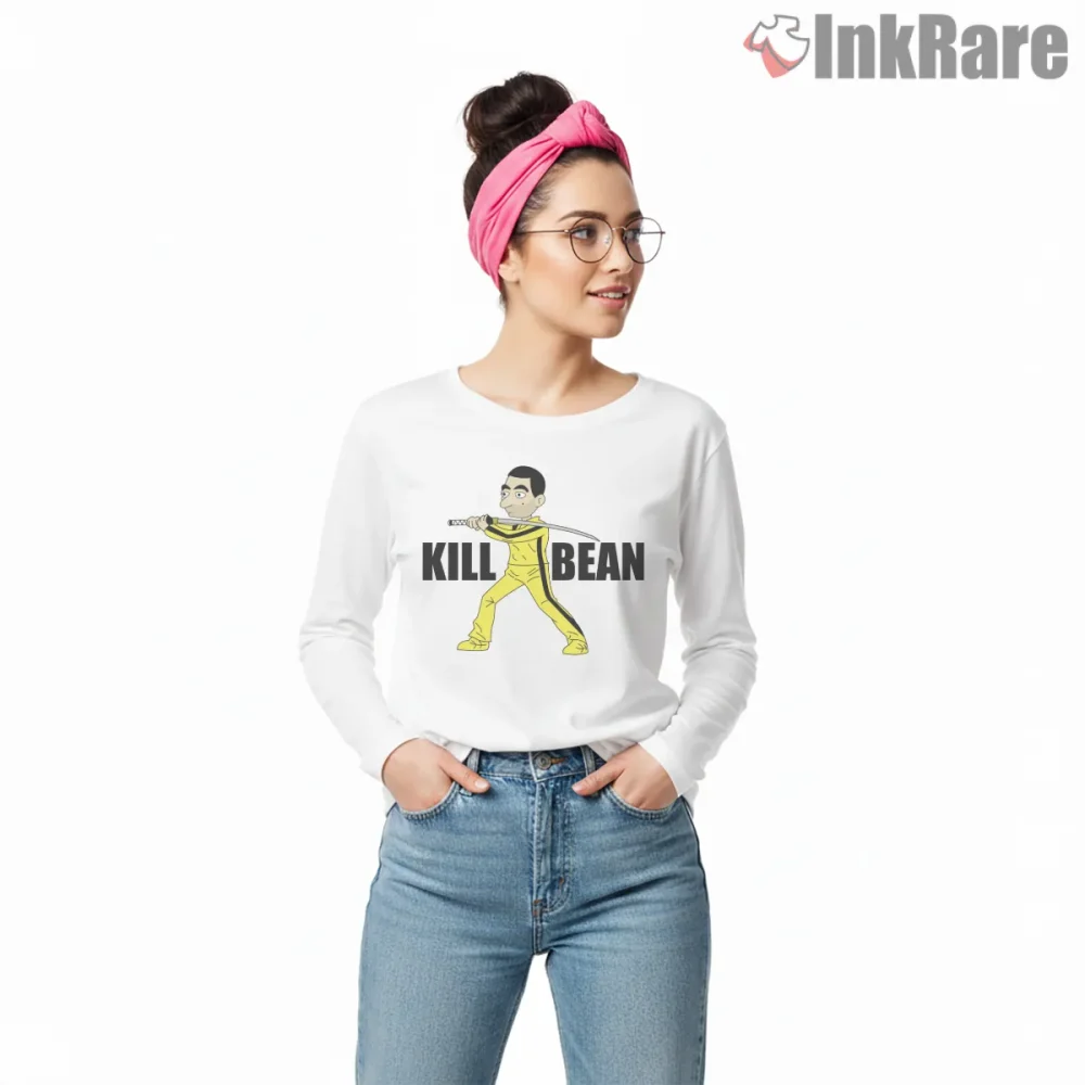 Mr Bean Kill Bill Yellow Suit Comedy Mashup Shirt on white long sleeve shirt for women graphic tee