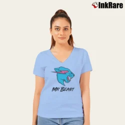 Women’s Mr Beast Lightning Cat V-Neck Tee in light blue | Chic Neckline, Soft Texture