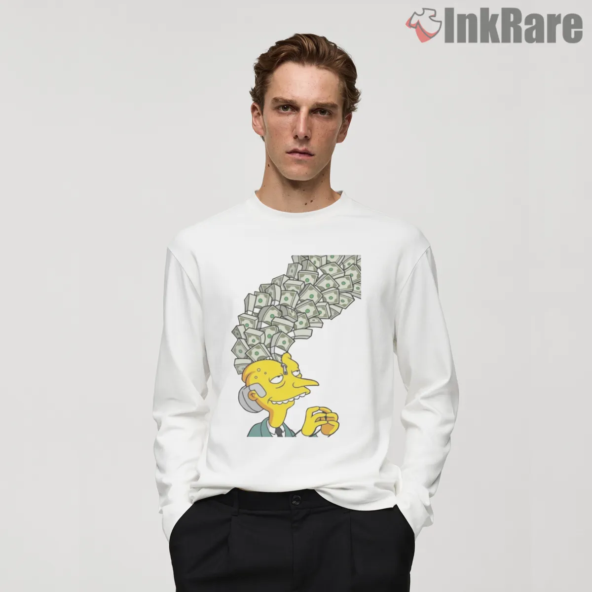 Mr Burns Money Brain Pop Art Greed Cartoon Long Sleeve White Mr Burns Money Brain Pop Art Greed Cartoon Shirt on white long sleeve shirt for men graphic tee
