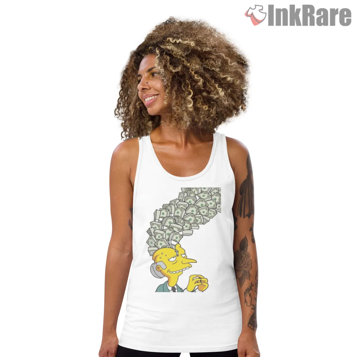 Mr Burns Money Brain Pop Art Greed Cartoon Tank Top White Mr Burns Money Brain Pop Art Greed Cartoon Shirt on white tank top for women graphic tee