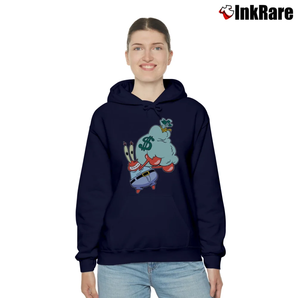 Women’s Mr Krabs Holding Bag Of Money With Spongebob Funny Cozy Hoodie in navy | Warm, Structured, Stylish