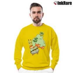 Men’s Mr Krabs Holding Bag Of Money With Spongebob Funny Crewneck Sweatshirt in yellow | Cozy Fabric, Clean Style