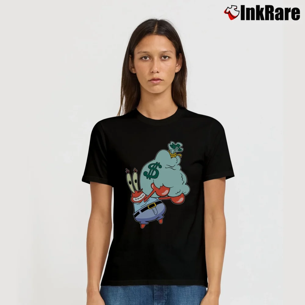 Women’s Mr Krabs Holding Bag Of Money With Spongebob Funny Signature T-Shirt in black | Soft, Flattering Fit