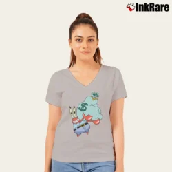 Women’s Mr Krabs Holding Bag Of Money With Spongebob Funny V-Neck Tee in sport grey | Chic Neckline, Soft Texture