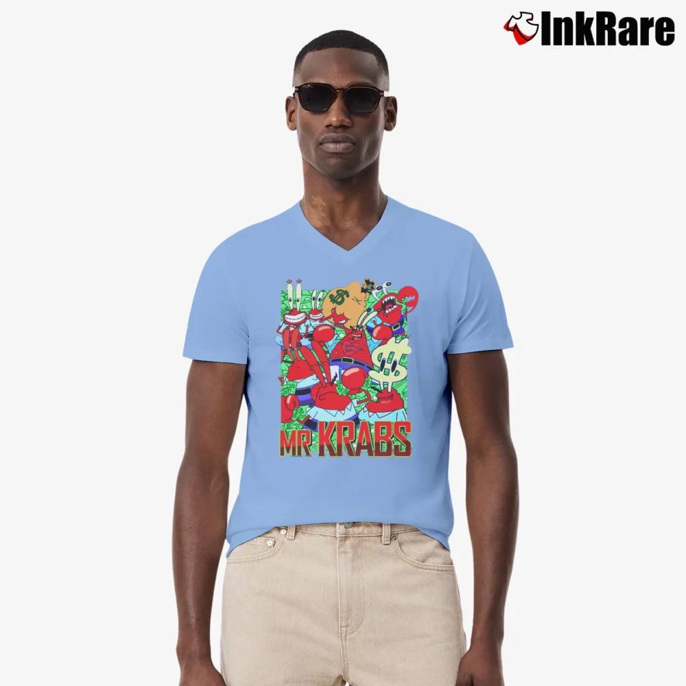 Men’s Mr Krabs Spongebob Squarepants Custom Retro Limited Edition V-Neck Tee in light blue | Sharp, Breathable, Everyday Staple