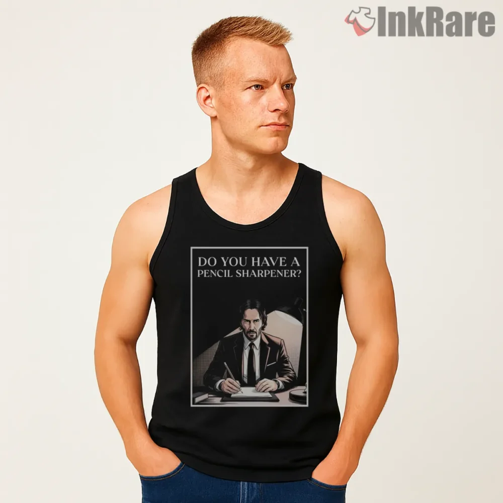 Mr Wick Pencil Sharpener Classroom Joke Shirt on black tank top for men graphic tee