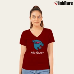 Women’s MrBeast Tiger Logo Youtuber V-Neck Tee in maroon | Chic Neckline, Soft Texture