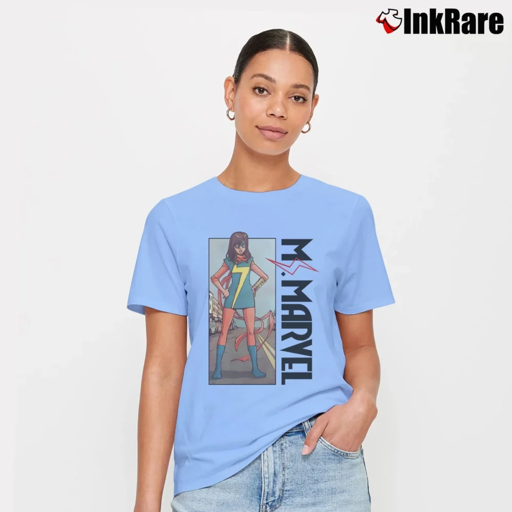 Women’s Ms Marvel Stand Comic Superhero Signature T-Shirt in light blue | Soft, Flattering Fit