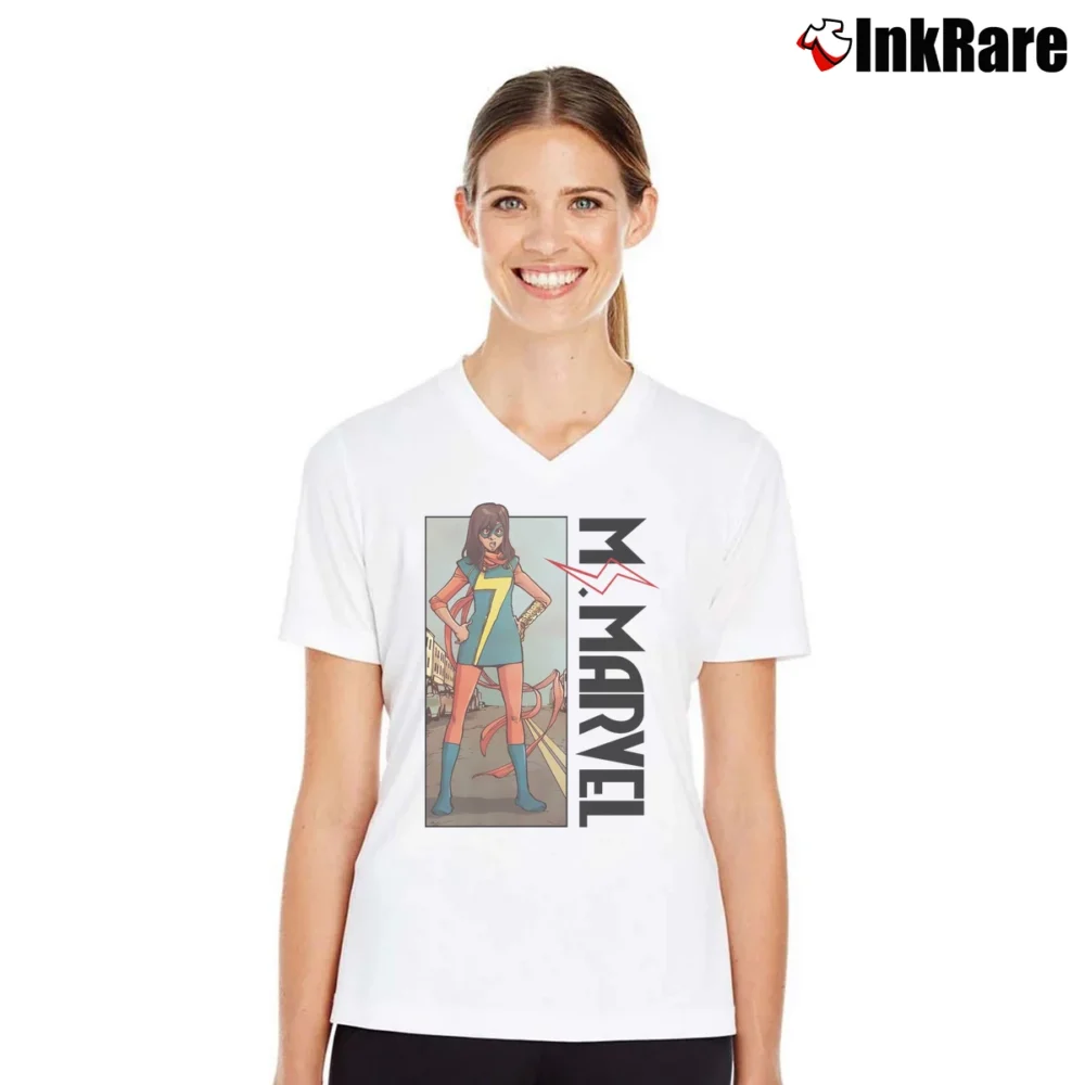 Women’s Ms Marvel Stand Comic Superhero V-Neck Tee in white | Chic Neckline, Soft Texture