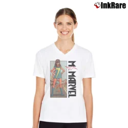 Women’s Ms Marvel Stand Comic Superhero V-Neck Tee in white | Chic Neckline, Soft Texture