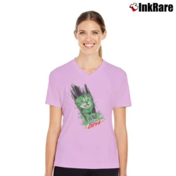 Women’s Mtn Dew Cat Slash V-Neck Tee in light pink | Chic Neckline, Soft Texture