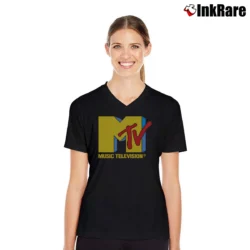 Women’s MTV 1985 Original Graphic 80s V-Neck Tee in black | Chic Neckline, Soft Texture